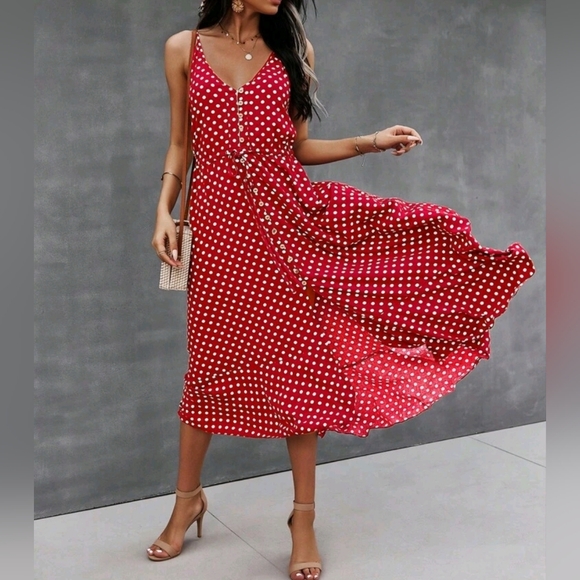 New Chic Flowy Polka Dot Button Front Cami Dress Midi Red White - Picture 2 of 8